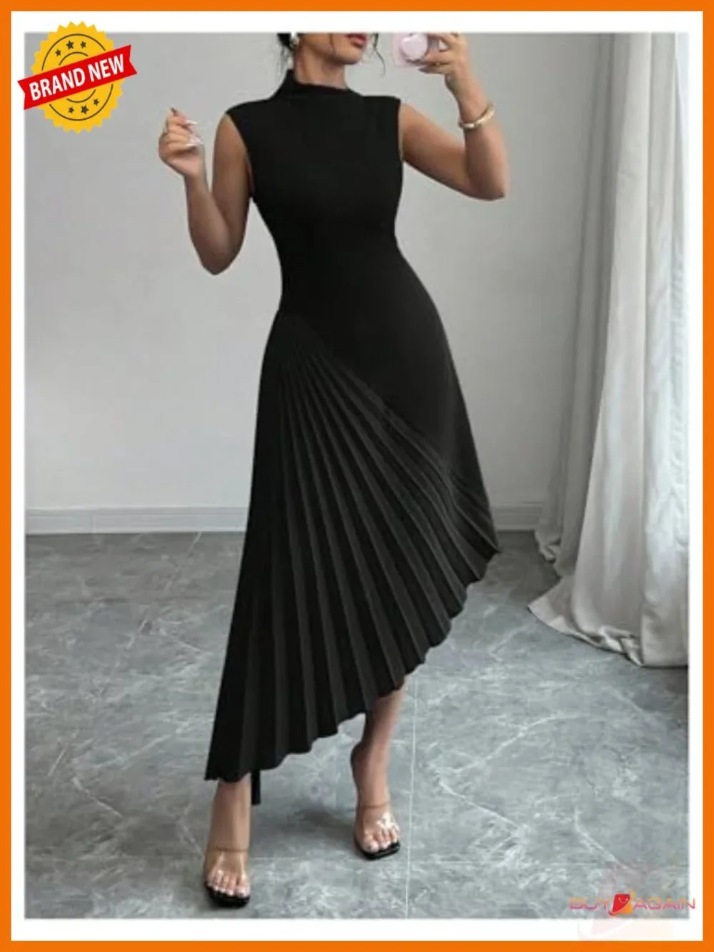 Pleated Maxi Dress Mock Neck Sleeveless Asymmetrical Cocktail